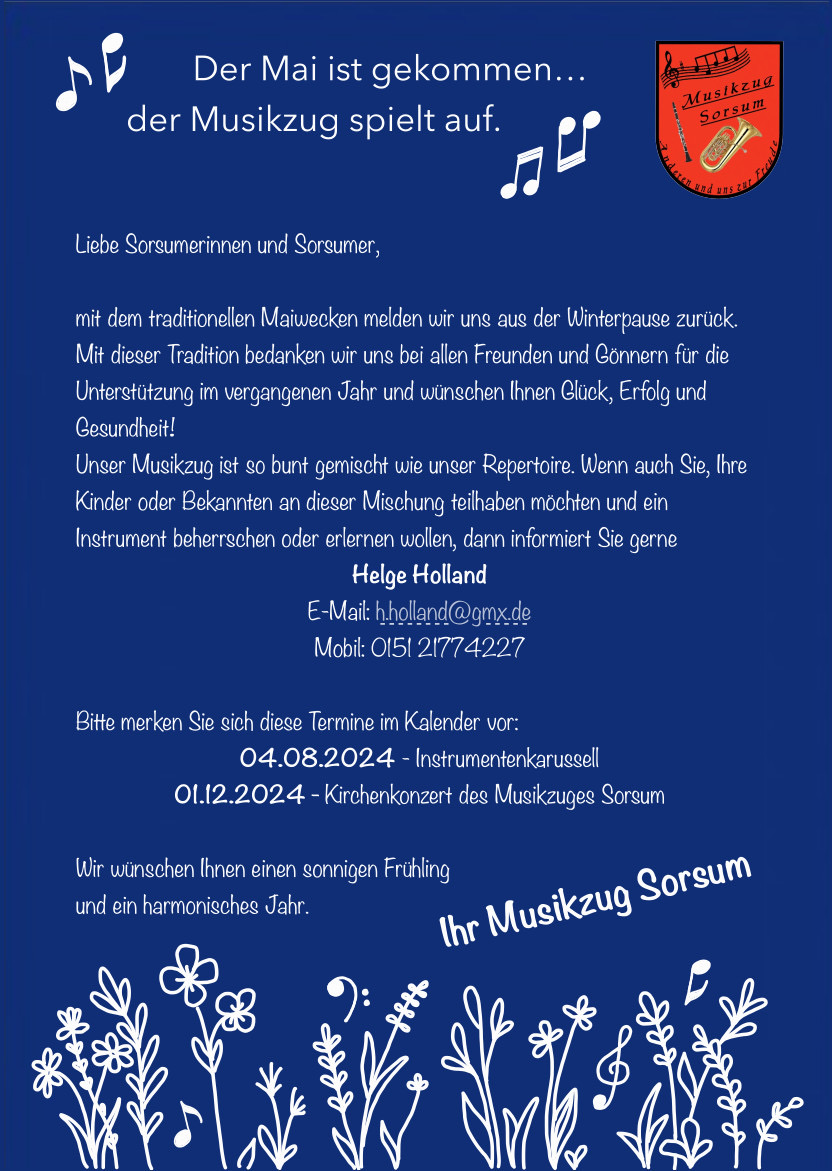 Der Musikzug Sorsum ist aus der Winterpause zurück und begrüßt den 1. Mai